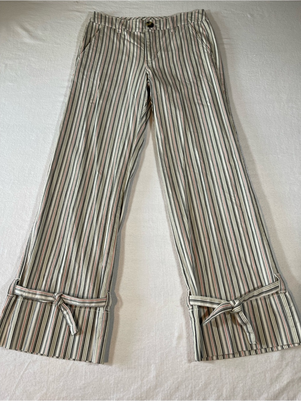 CAbi Women’s Wide Leg Striped Tie-Hem Pants in Neutral Multi-Stripe Size 4